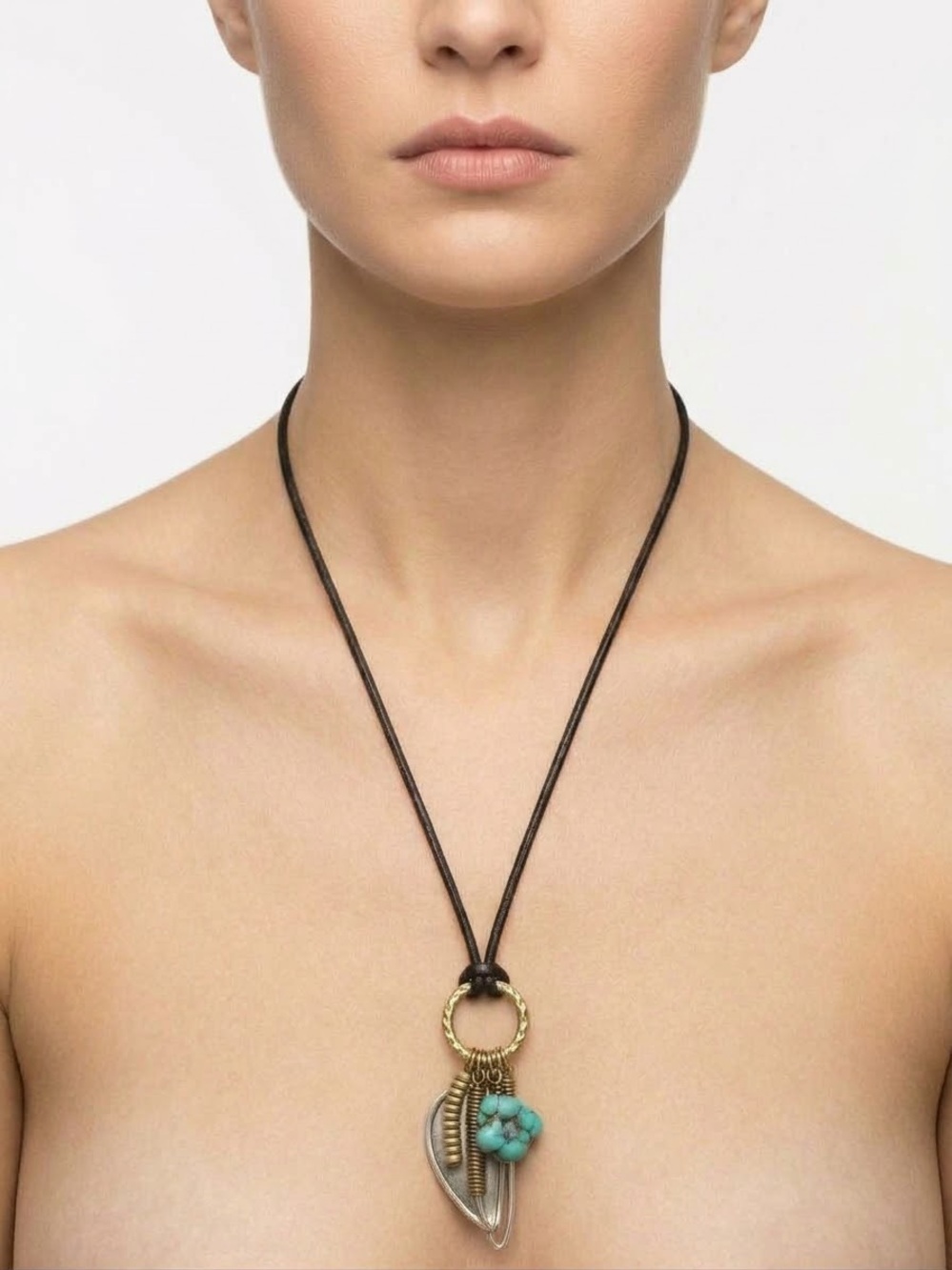 Jenny Bird Gold Ring Necklace with Turquoise Cluster on Black Cord